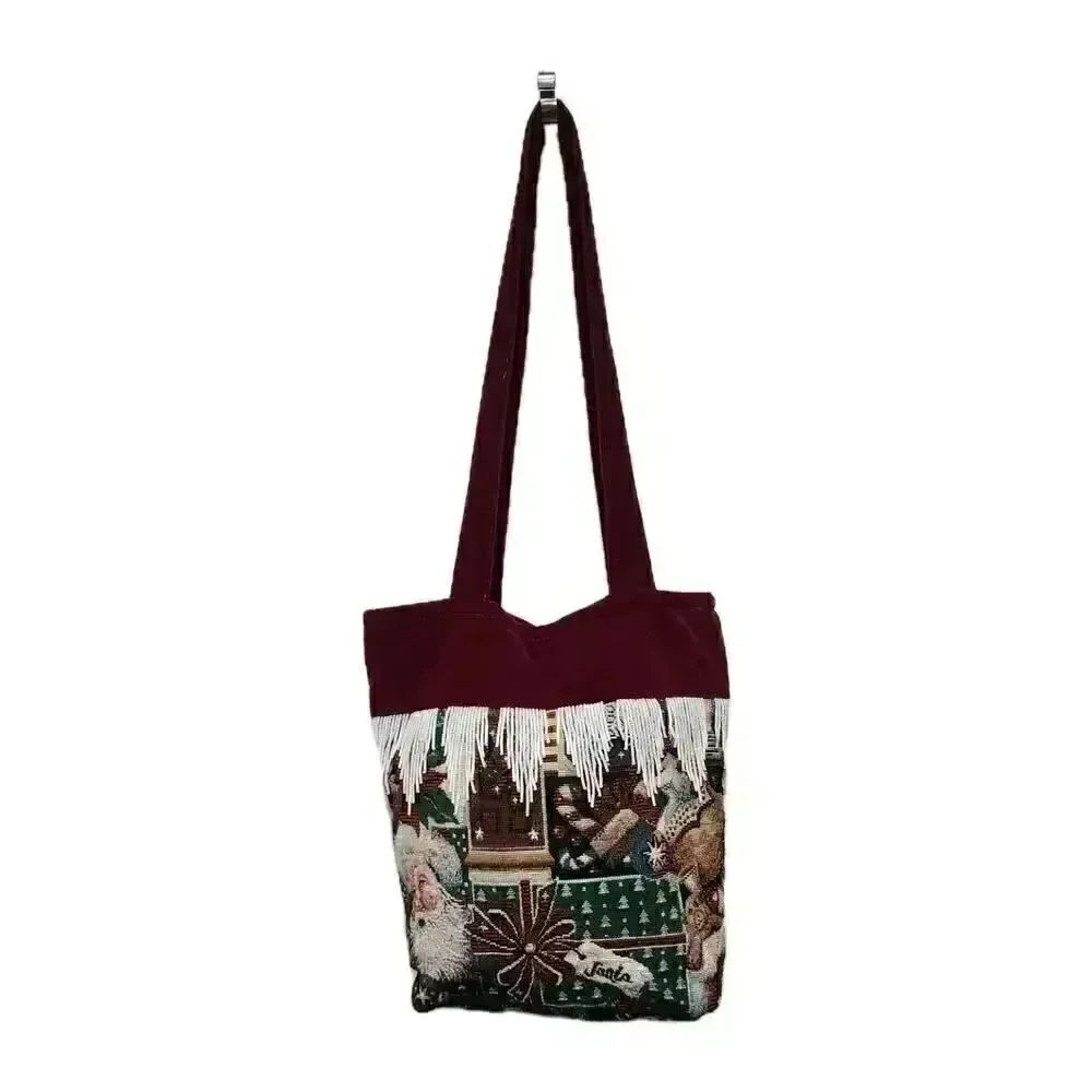 Vintage Christmas Art Tapestry Purse Tote Bag Beaded Fringe Xmas Santa Velvet